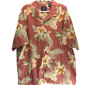 Caribbean Joe Mens XXL 100% Silk Tropical Hibiscus Floral Camp Aloha Shirt Coral